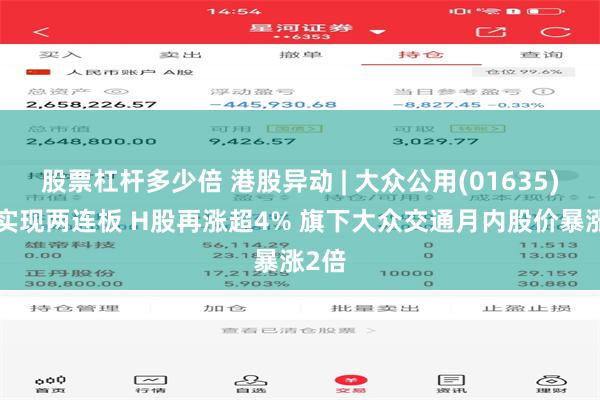 股票杠杆多少倍 港股异动 | 大众公用(01635)A股实现两连板 H股再涨超4% 旗下大众交通月内股价暴涨2倍